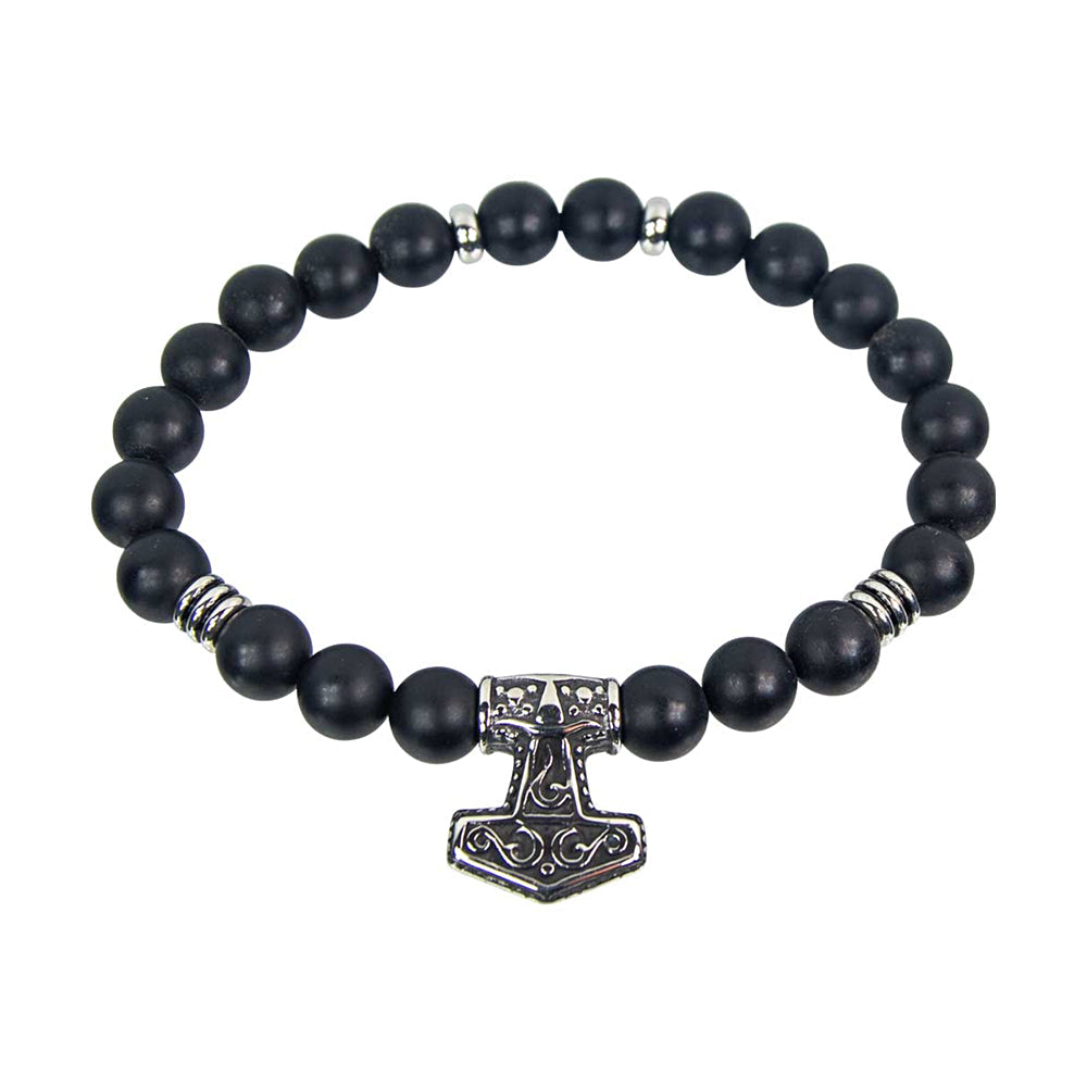 Elastic Bracelet 10mm Round Beads - Matte Black Agate w/ Thor's Mjölnir