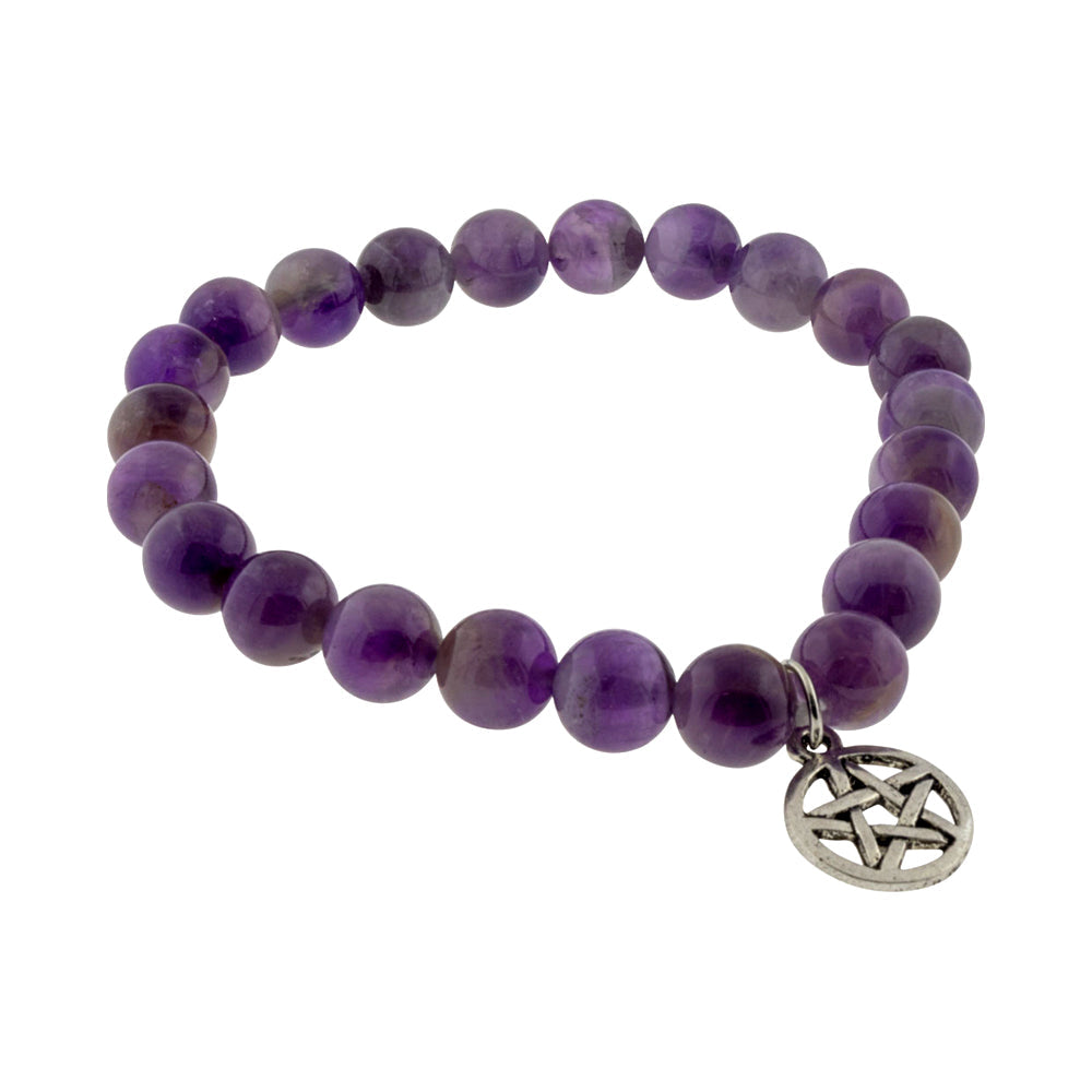 Elastic Bracelet 8mm Round Beads - Amethyst w/ Pentacle