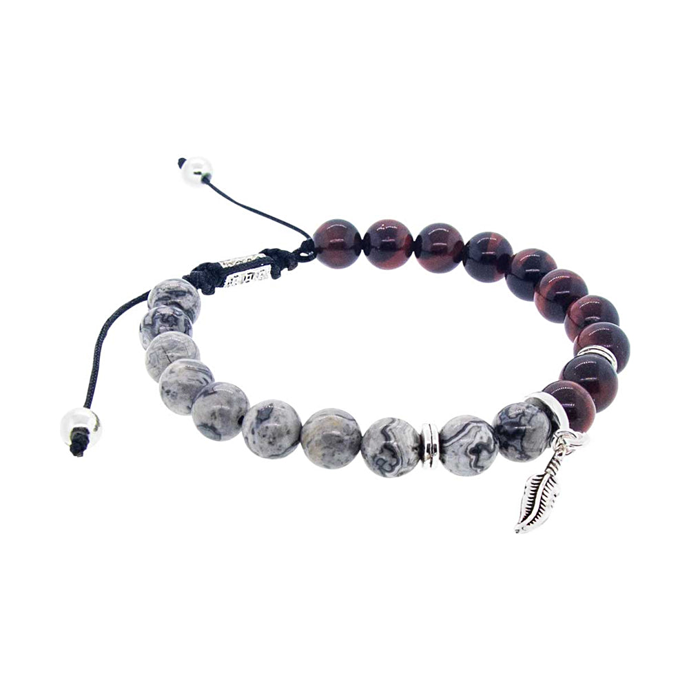 Elastic Bracelet 8mm Round Beads - Red Tiger Eye & Jasper w/ Feather