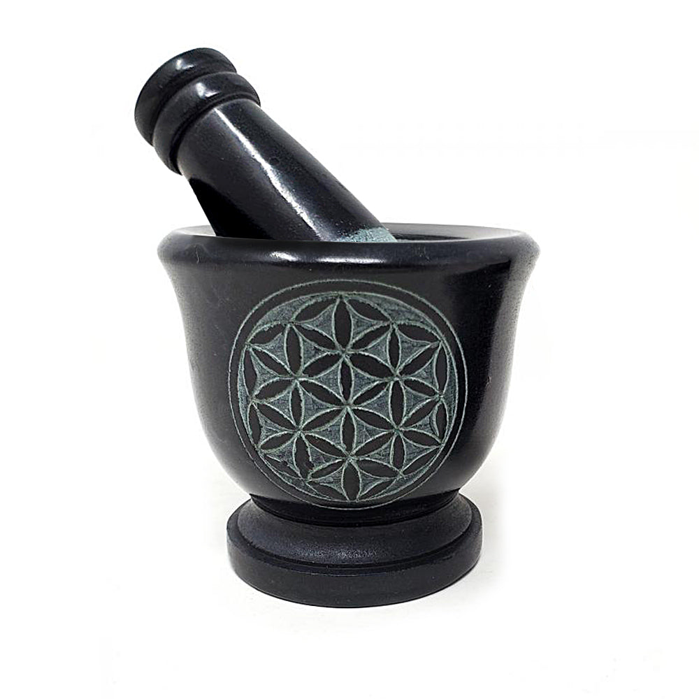 Flower of Life Carved Black Soapstone Mortar & Pestle 2.75"