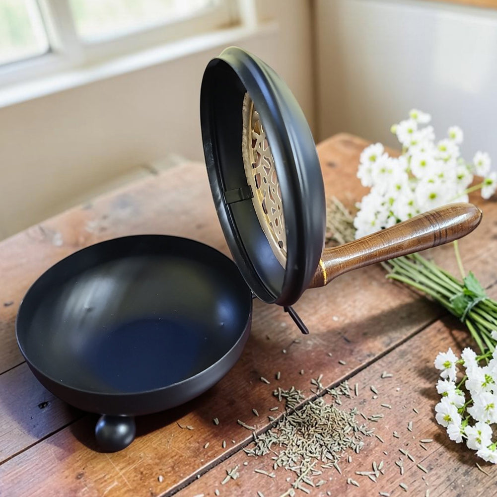 Tree of Life Metal Charcoal Burner with Wooden Handle 11"L