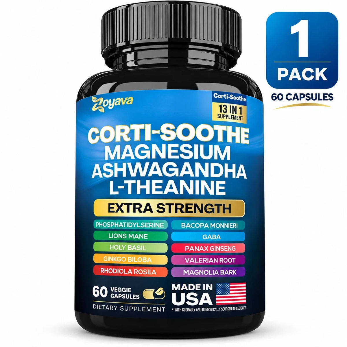 Zoyava Corti-Soothe Magnesium, Ashwagandha & L-Theanine – 60 Veggie Capsules