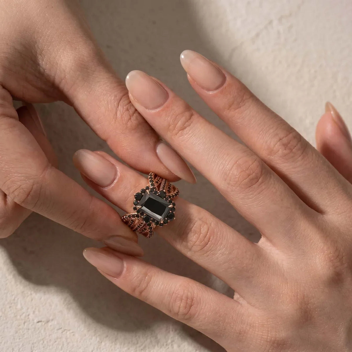 black wedding band set, rose gold, black CZ size 5.5