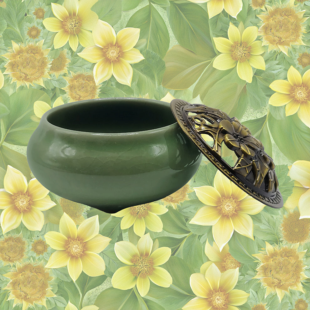 Ceramic Incense Burner Bowl with Lid - Green - 3.75"