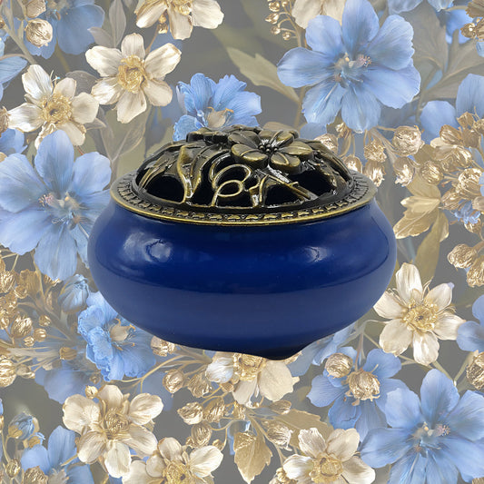Ceramic Incense Burner Bowl with Lid - Royal Blue - 3.75"
