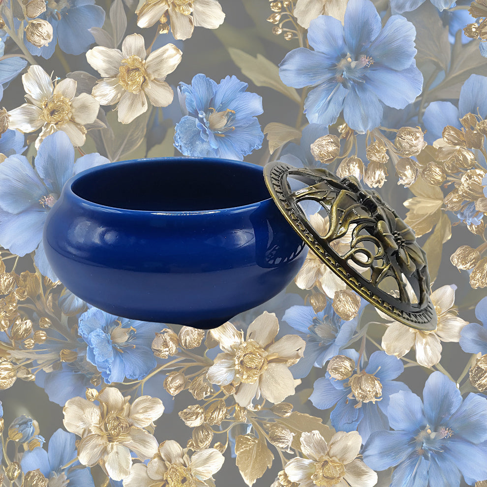 Ceramic Incense Burner Bowl with Lid - Royal Blue - 3.75"