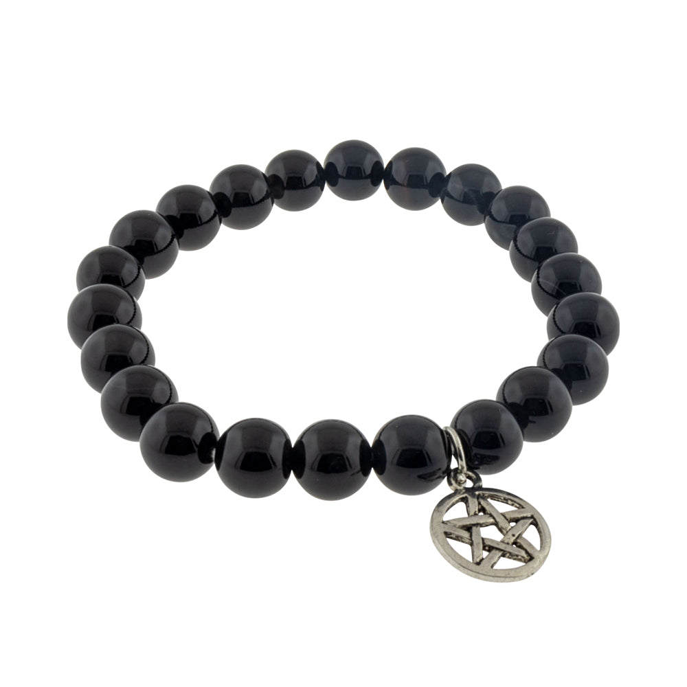 Elastic Bracelet 8mm Round Beads - Black Agate w/ Pentacle