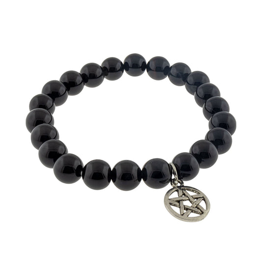 Elastic Bracelet 8mm Round Beads - Black Agate w/ Pentacle
