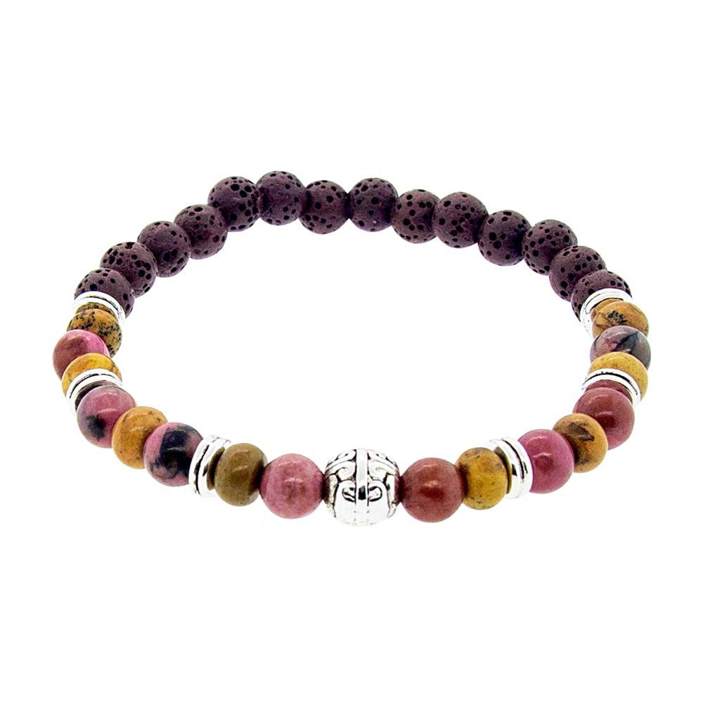 Elastic Bracelet 8mm Round Beads - Red Leopard Skin Jasper & Lava w/ Silver Accent Beads
