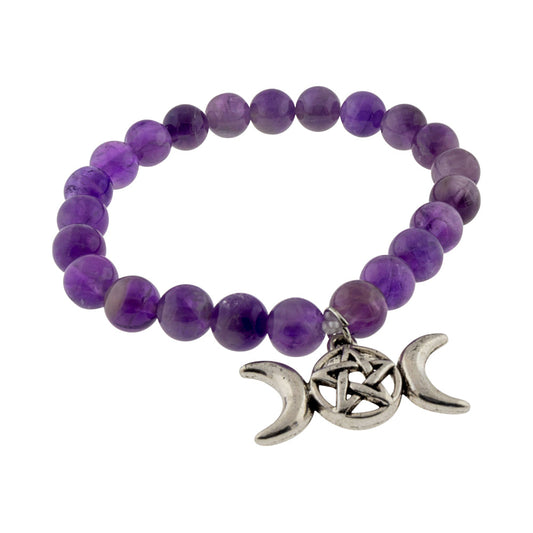 Elastic Bracelet 8mm Round Beads - Amethyst w/ Pentacle Triple Moon