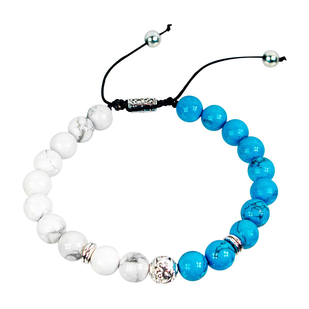 Elastic Bracelet 8mm Round Beads - Turquoise & White Howlite w/ Silver Accent Beads