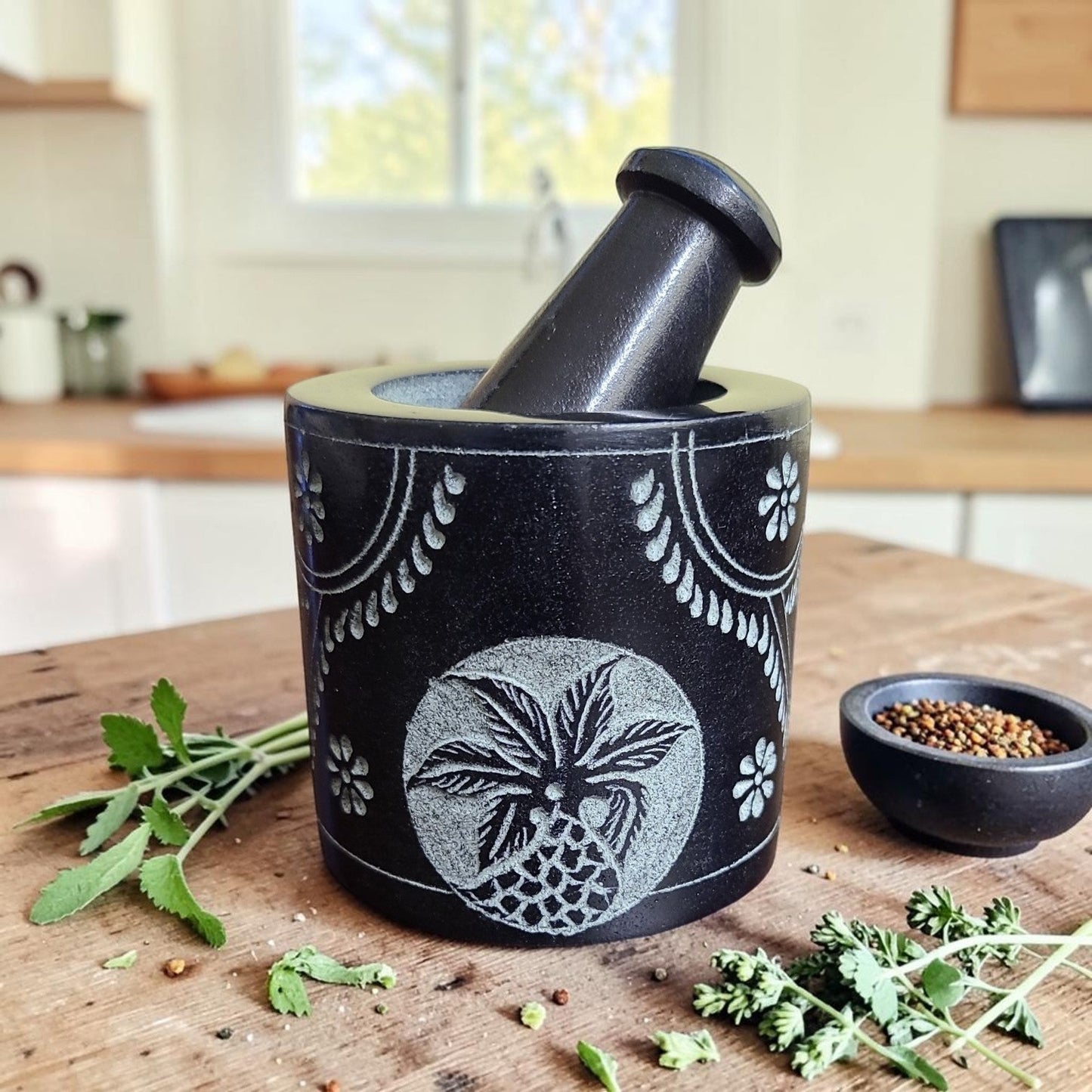 Floral Hand Carved Black Soapstone Mortar & Pestle 3"