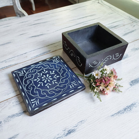 Floral Mandala Hand Carved Soapstone Box 4.25"