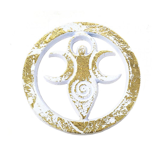 White w/Gold Goddess Metal Altar Tile Silver Plated over Solid Brass