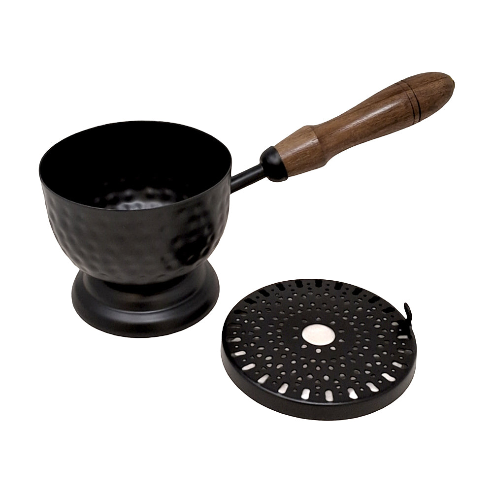 Iron Cauldron Burner with Lid & Wooden Handle 9"