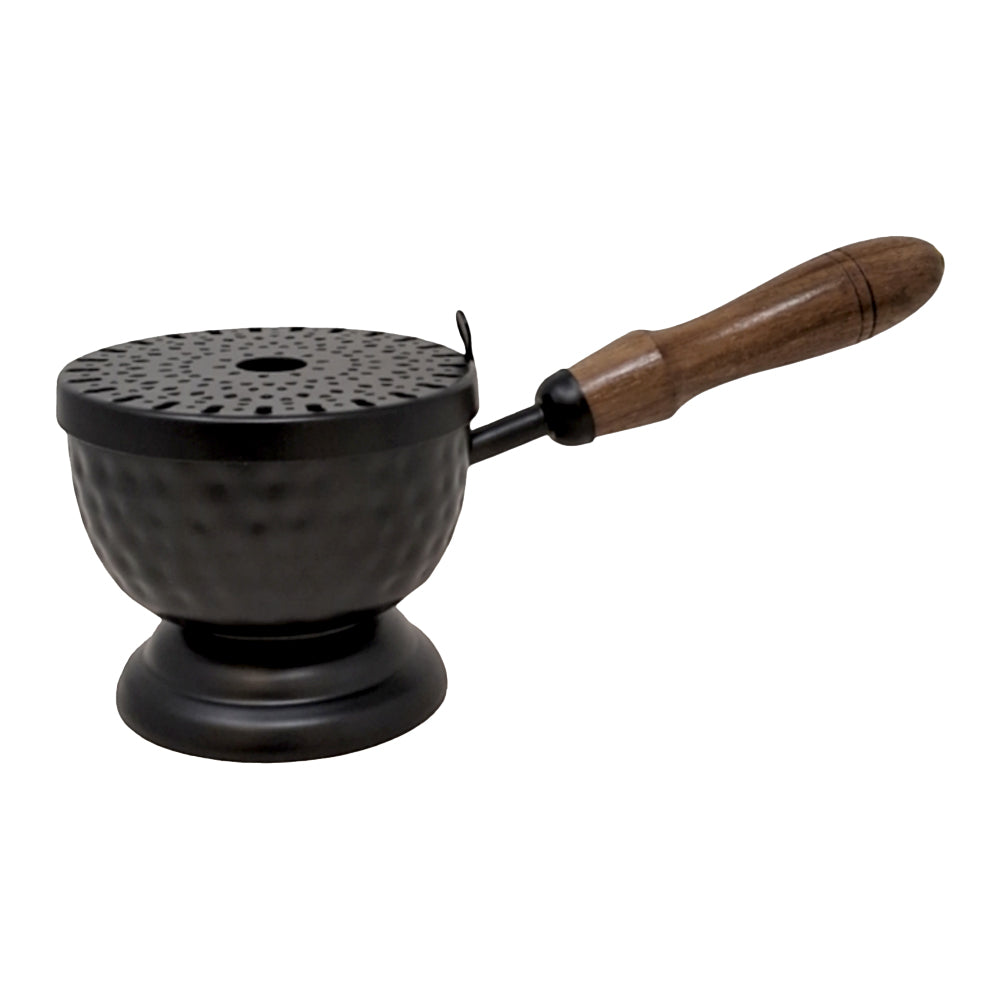 Iron Cauldron Burner with Lid & Wooden Handle 9"