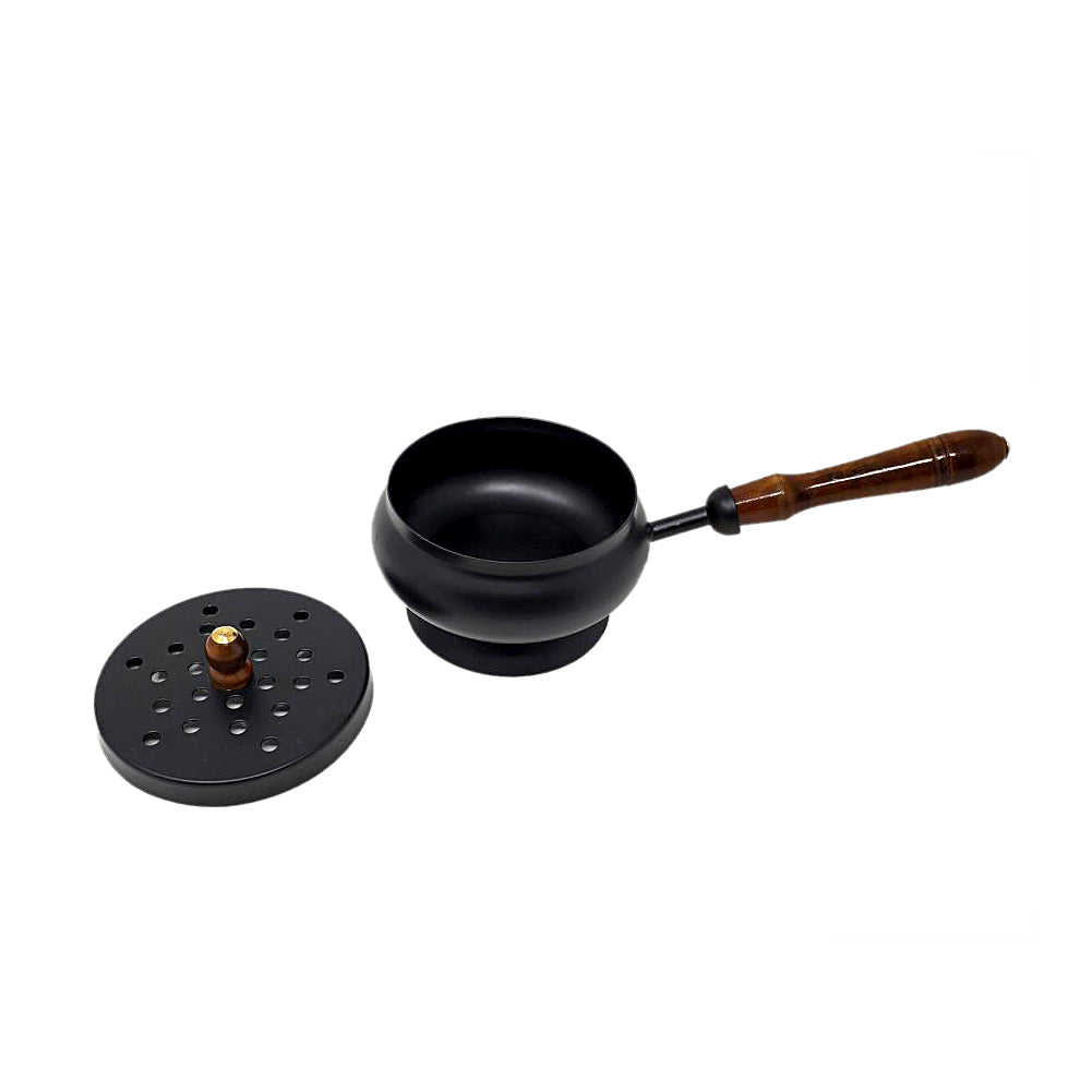 Iron Charcoal Burner with Lid & Wood Handle 9"