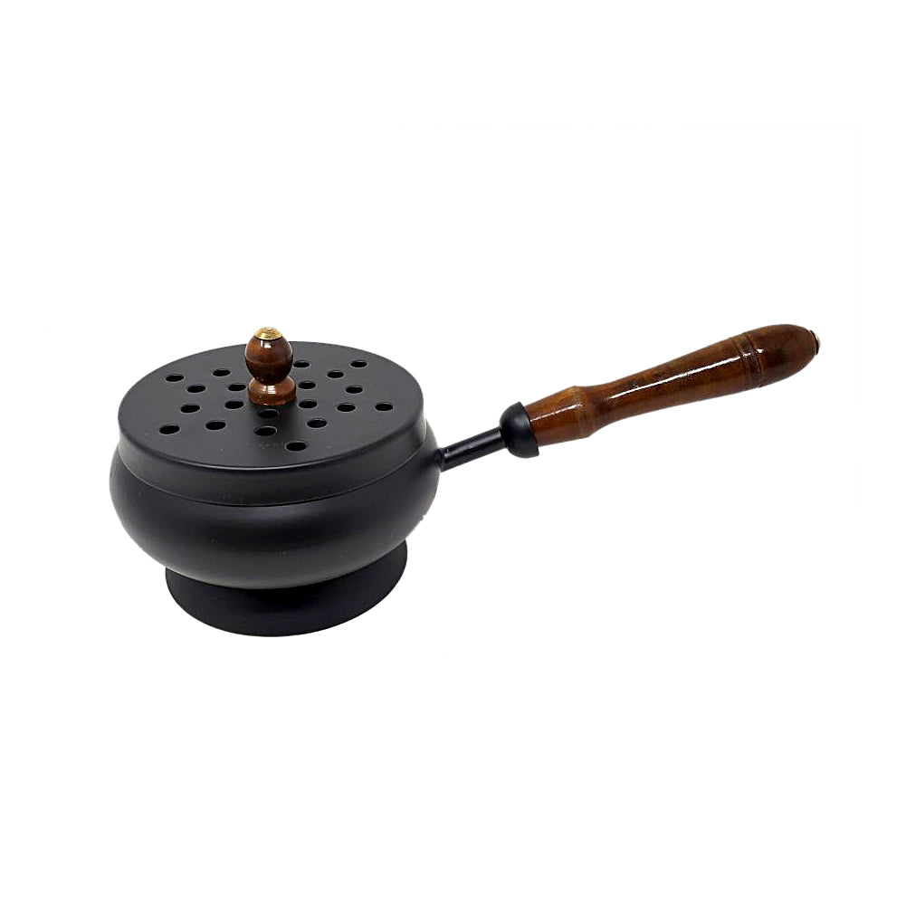 Iron Charcoal Burner with Lid & Wood Handle 9"