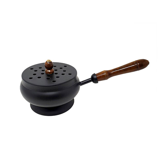 Iron Charcoal Burner with Lid & Wood Handle 9"