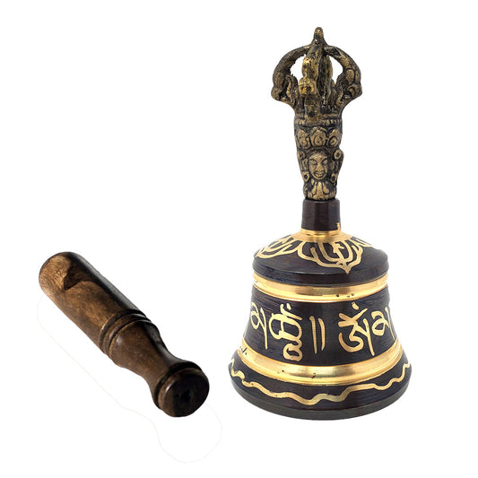Tibetan Hand Bell with Wooden Striker 5" Black & Gold