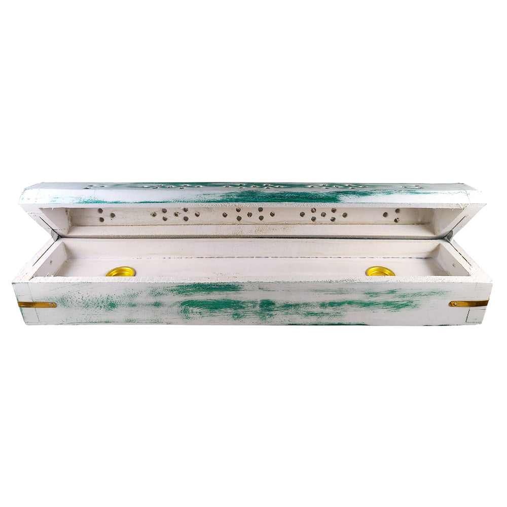 White Wash Wood Incense Box Burner (Green)