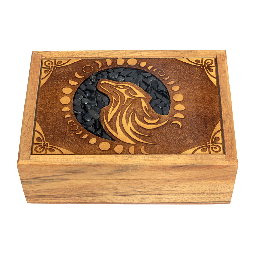 Velvet Lined Laser Etched Wooden Box - Wolf w/ Black Onyx Inlay